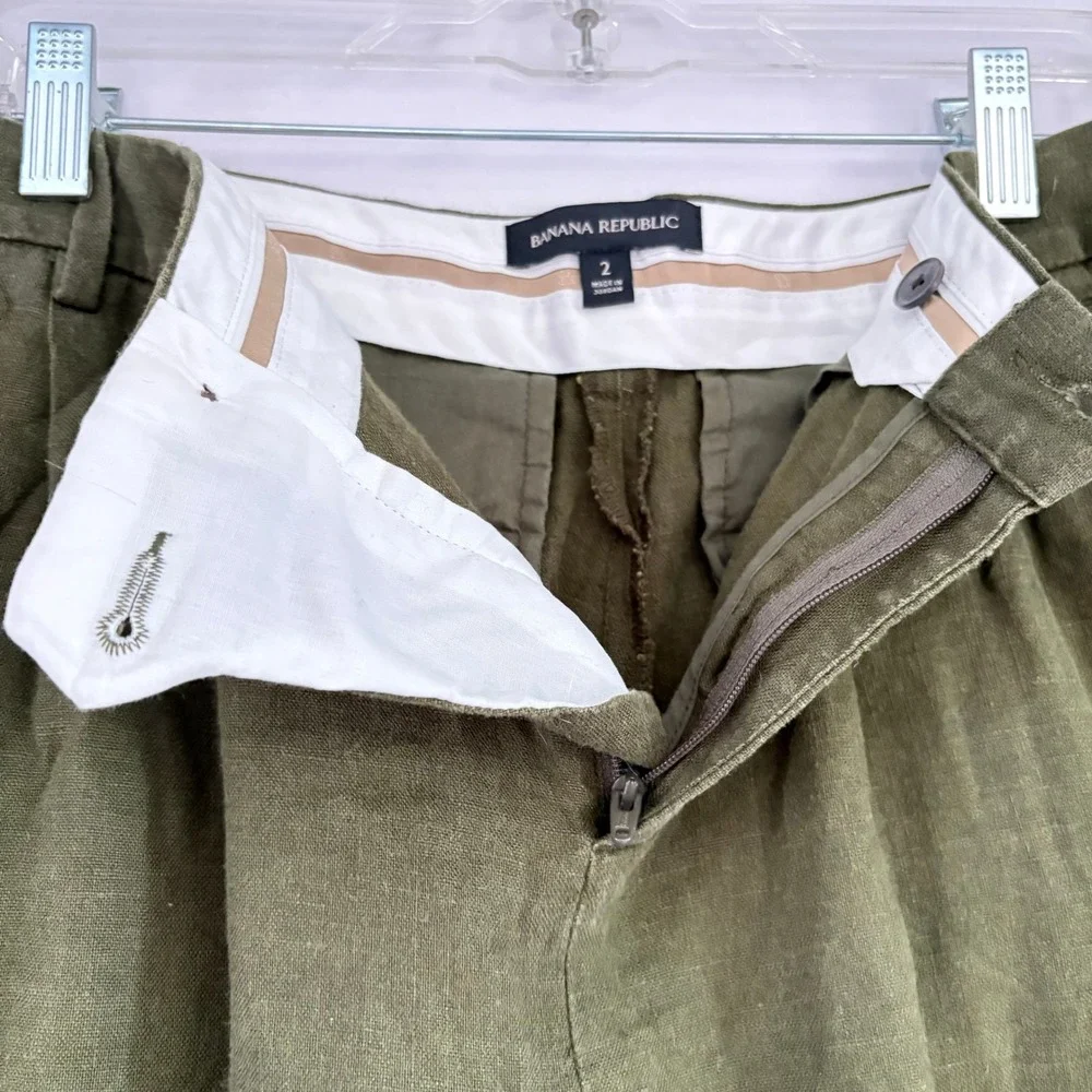 Banana Republic Womens Olive Green‎ Linen Wide Leg Pleated Trousers Pants Size 2